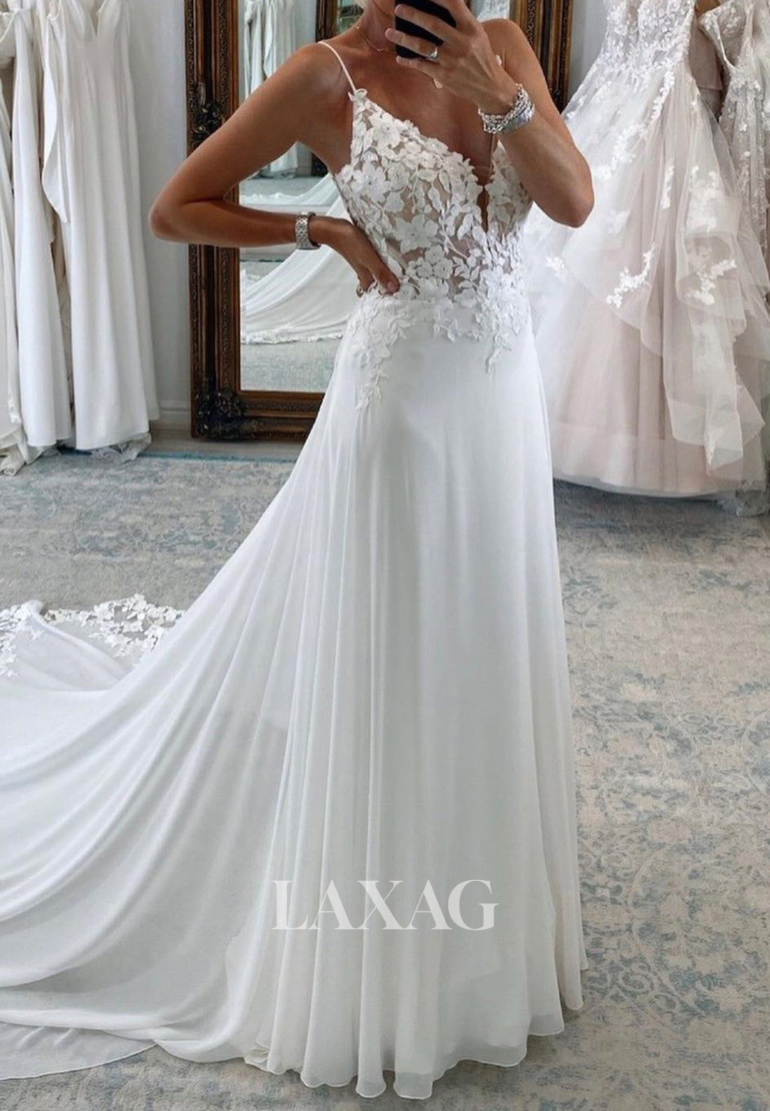 V-Neck Spaghetti Straps Sleeveless Lace Applique Chiffon A-Line Weddin Laxag V-Neck Spaghetti Straps Sleeveless Lace Applique Chiffon A-Line Weddin Laxag