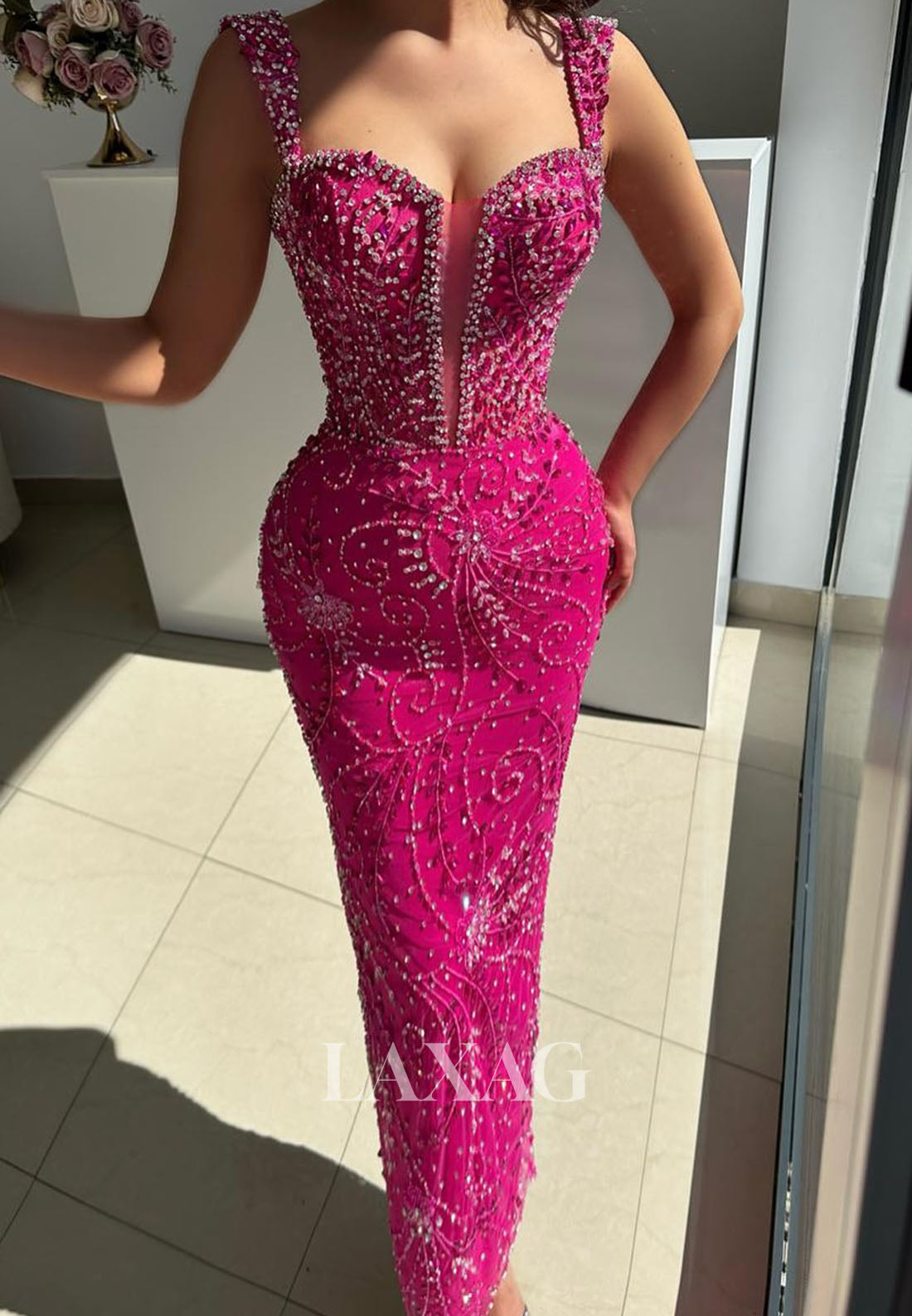 Sweetheart Fully Sequined Beaded Mermaid Evening Dress Straps Sleevele   Laxag