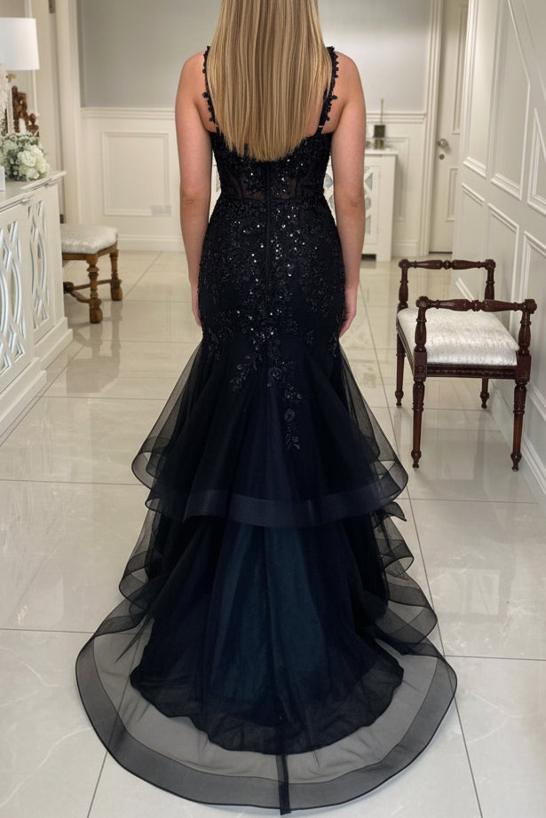 Sweetheart Straps Fully Sequined Applique Tulle Pleated Tiered Trumpet Mermaid Prom Dress