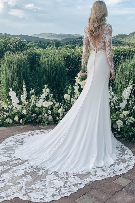 Scoop-Neck Long-Sleeves Lace Applique Satin Sheer Mermaid Wedding Dress with Train