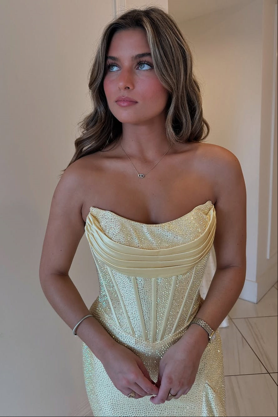 Tube Top Sleeveless Pleated Satin Party Gowns Off-Shoulder Fully Beaded Mermaid Prom Dress with Slit