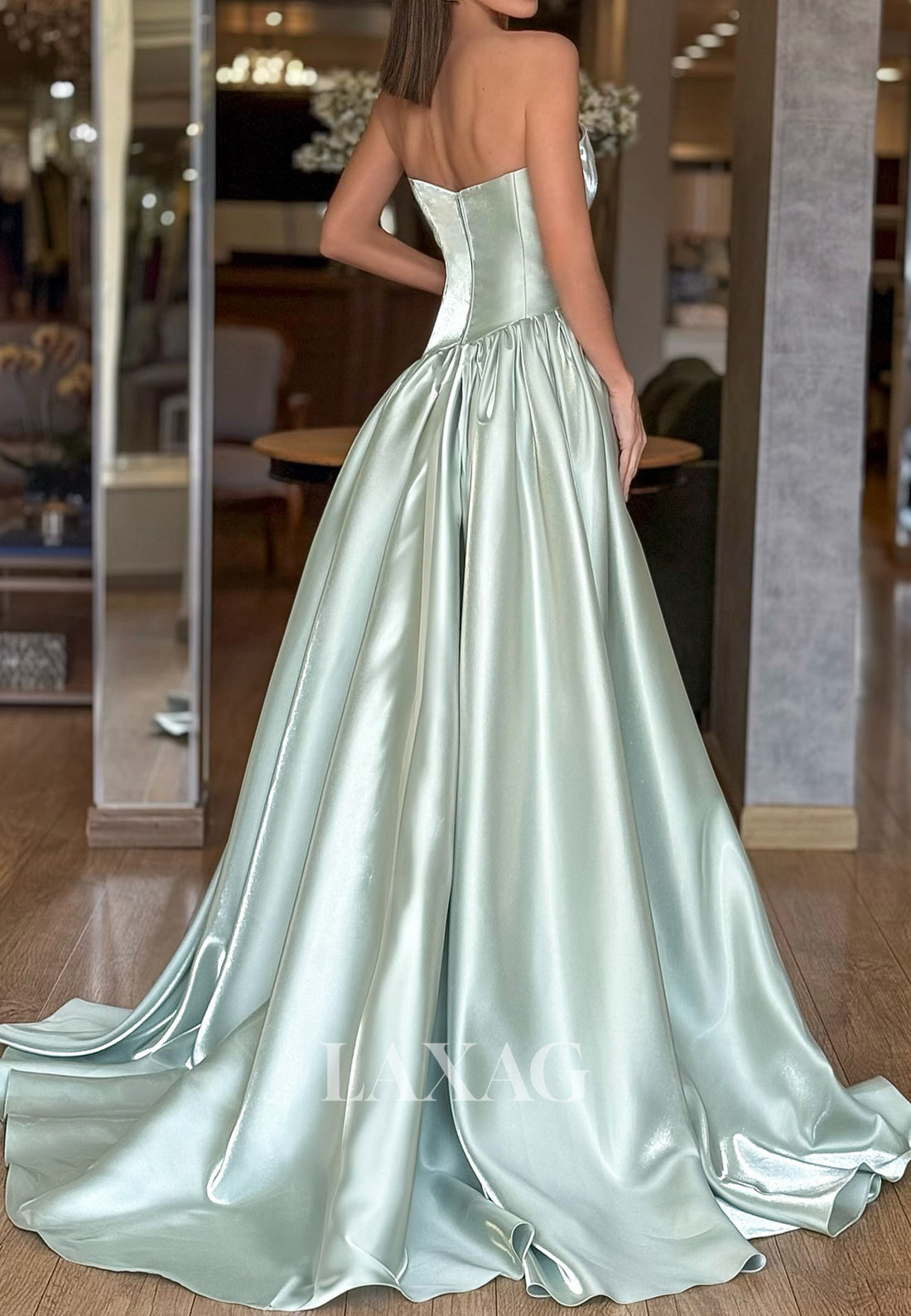 Asymmetrical-Neck Sleeveless A-Line Evening Dress Off-Shoulder Pleated Satin High Slit Formal Gowns