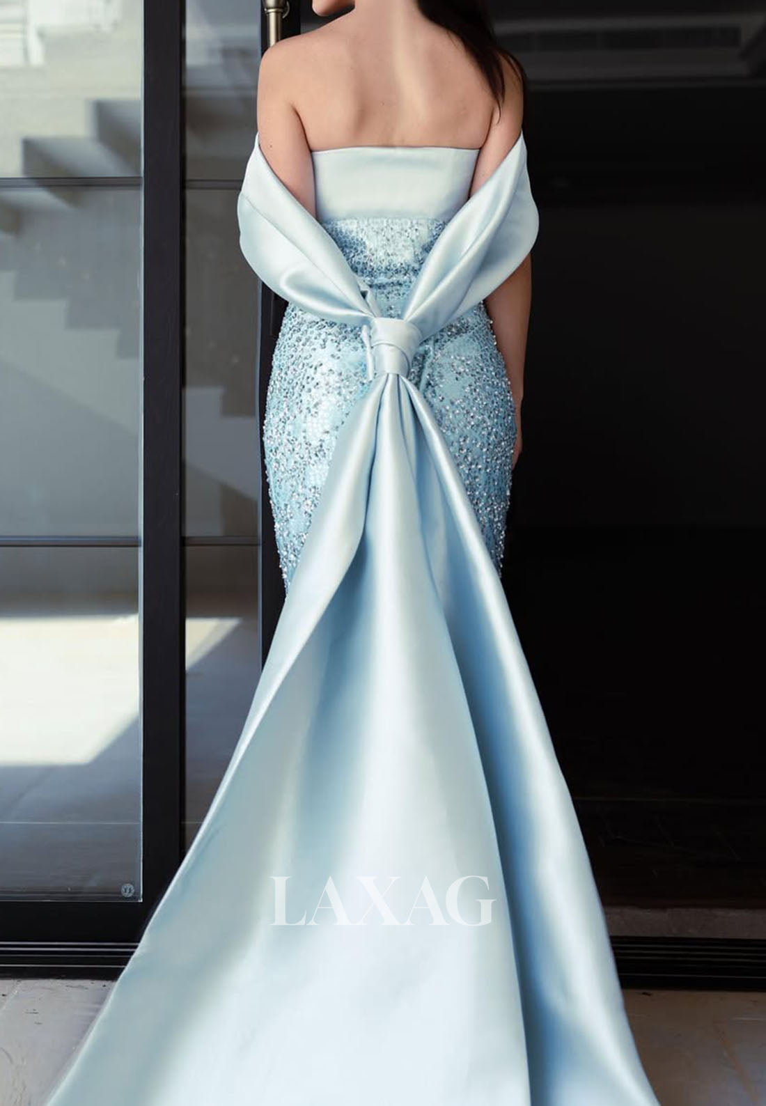 Bateau-Neck Off-Shoulder Pleated Satin Formal Gowns Sequined Beaded Mermaid Evening Dress