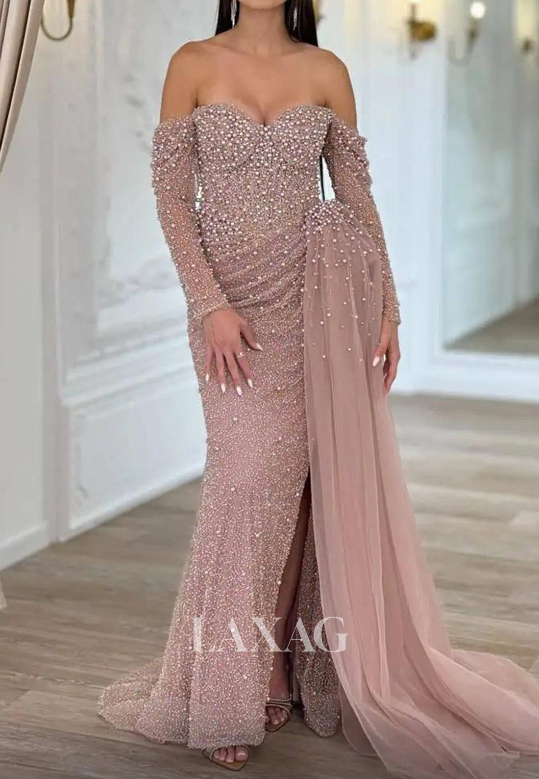 Sweetheart Long-Sleeves Fully Sequined Pearls Pleated Tulle Mermaid Formal Evening Dress