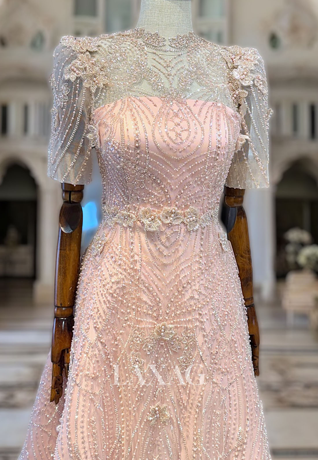 High-Neck Short-Sleeves A-Line Evening Dress Fully Sequined Beaded Floor-length Prom Gowns