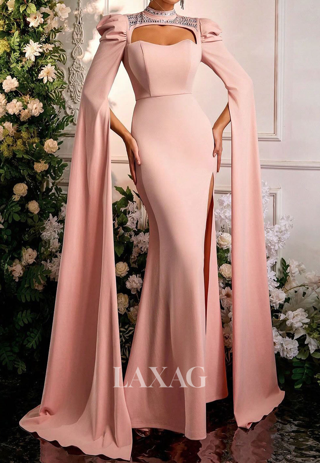 Sweetheart Cape-Sleeves Slit Formal Gowns Beaded Pleated Satin Mermaid Evening Dress