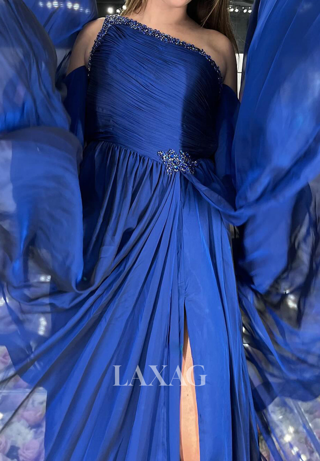 Asymmetrical-Neck Sleeveless Beaded Sequined Chiffon Pleated High-Slit A-Line Prom Dress