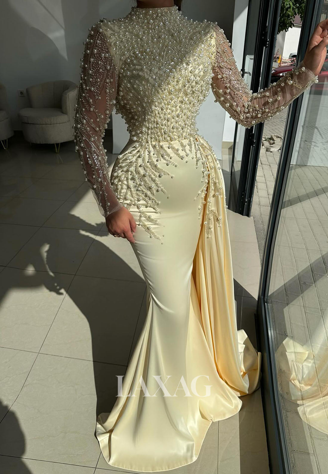 High-Neck Long-Sleeves Mermaid Evening Dress Beaded Sequined Pearls Floor-Length Formal Gowns