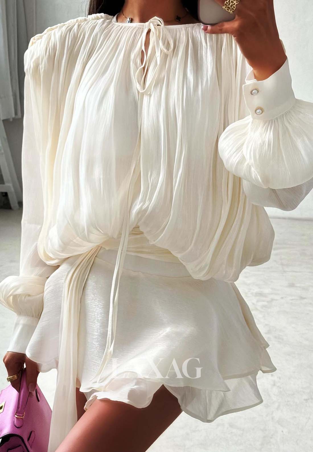 Long-Sleeves Scoop-Neck Pleated Chiffon Tiered Short A-Line Party Homecoming Dress