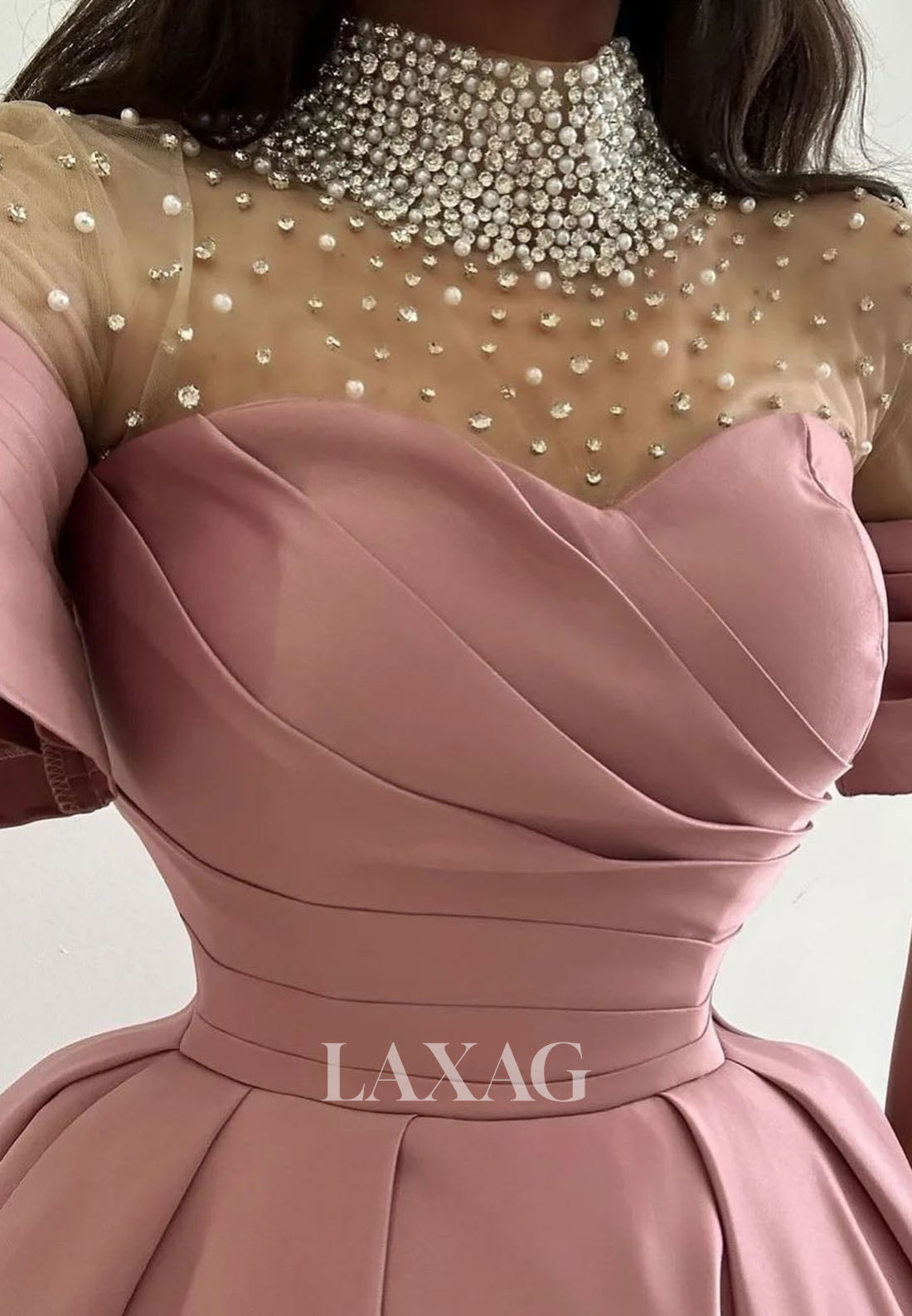 High-Neck Short-Sleeves A-Line Prom Dress Beaded Sheer Pleated Satin&Tulle Party Gowns