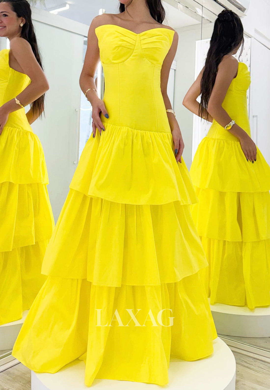 V-Neck Off-Shoulder Rhinestone Satin Pleated Floor-Length Tiered A-Line Prom Dress
