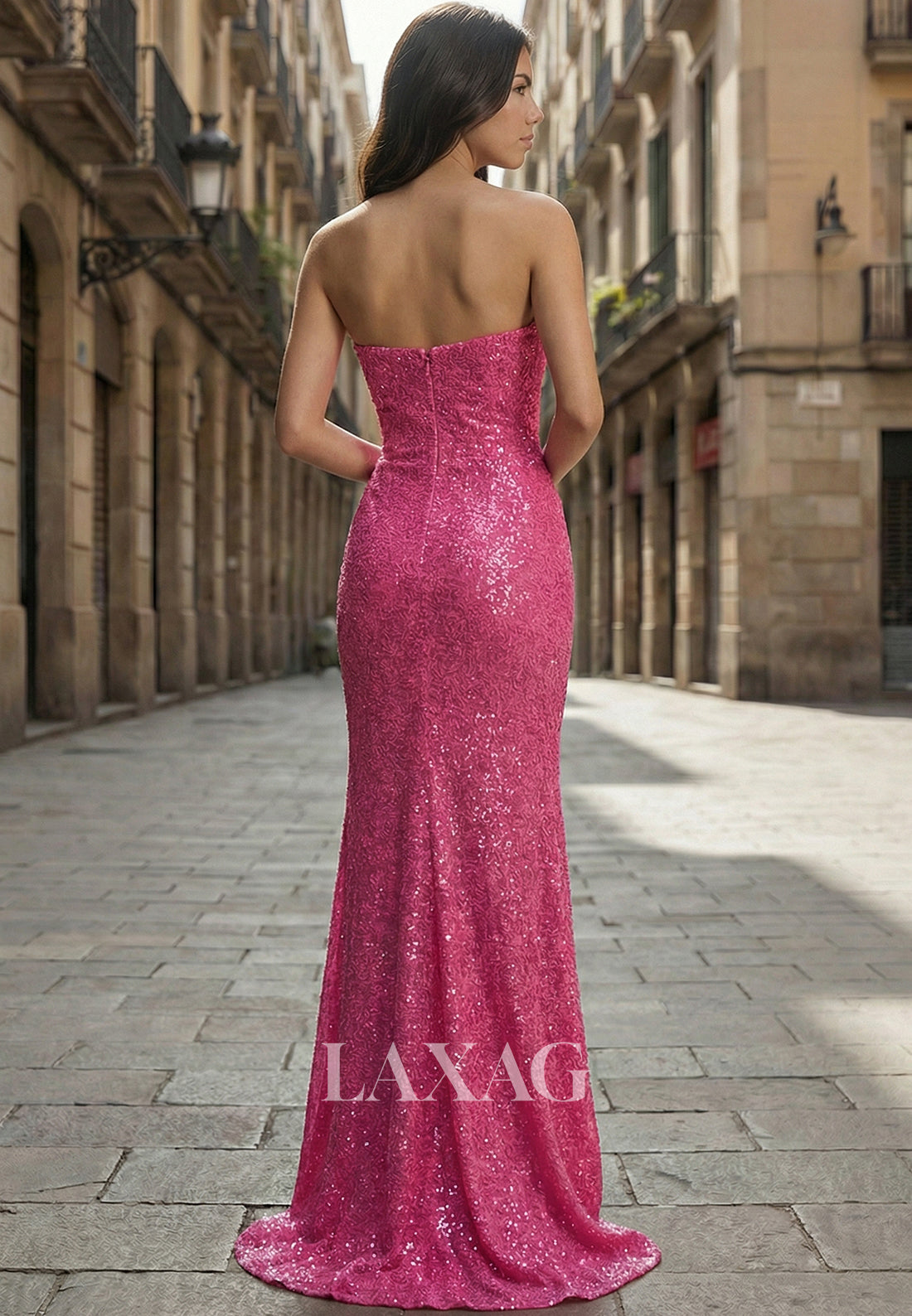 Tube Top Sleeveless Floor-Length Fully Sequined Pleated Mermaid Prom Dress with High Slit