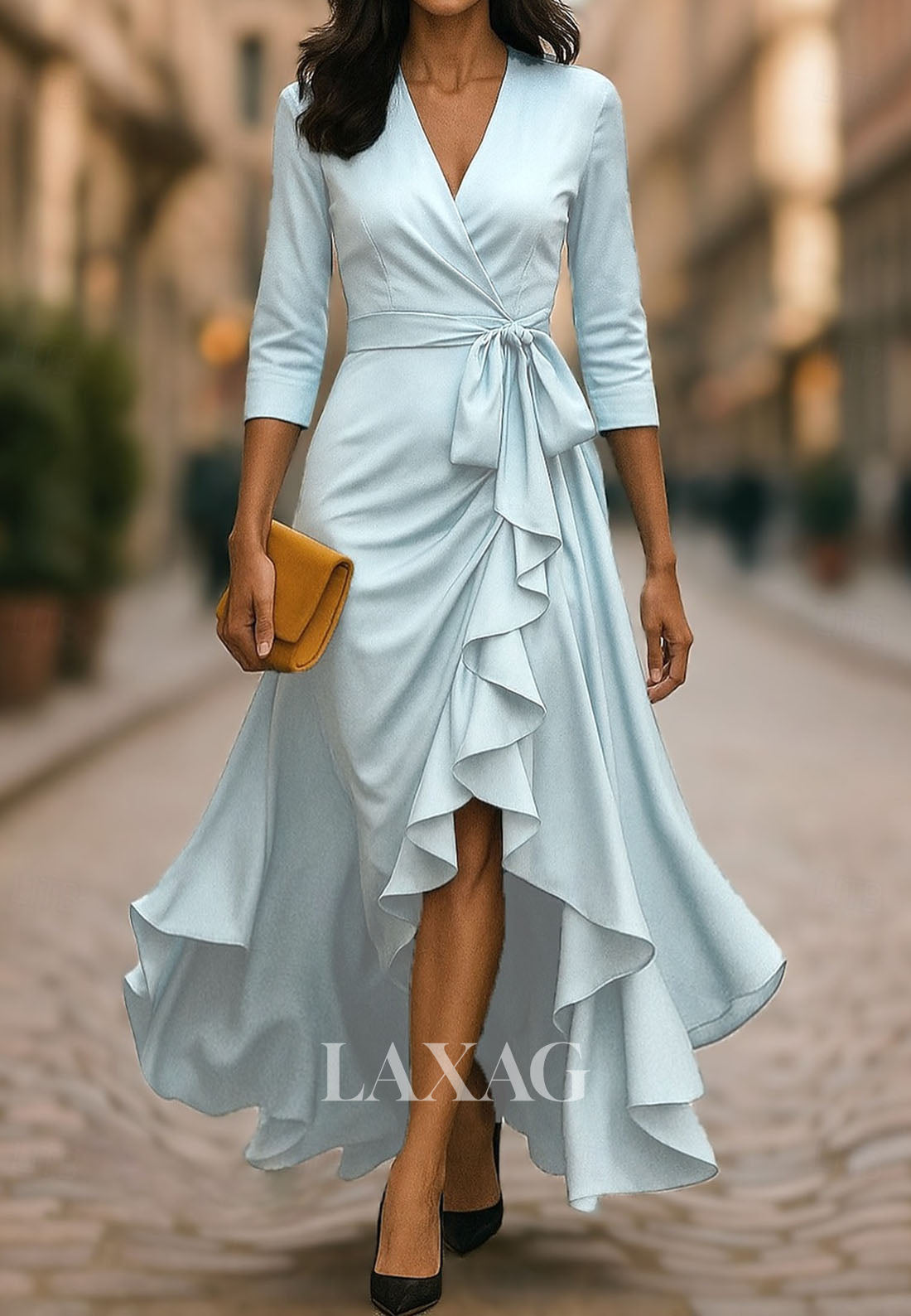 V-Neck 3/4-Sleeves High-Low A-Line Evening Dress Ruffled Chiffon Pleated Formal Gowns