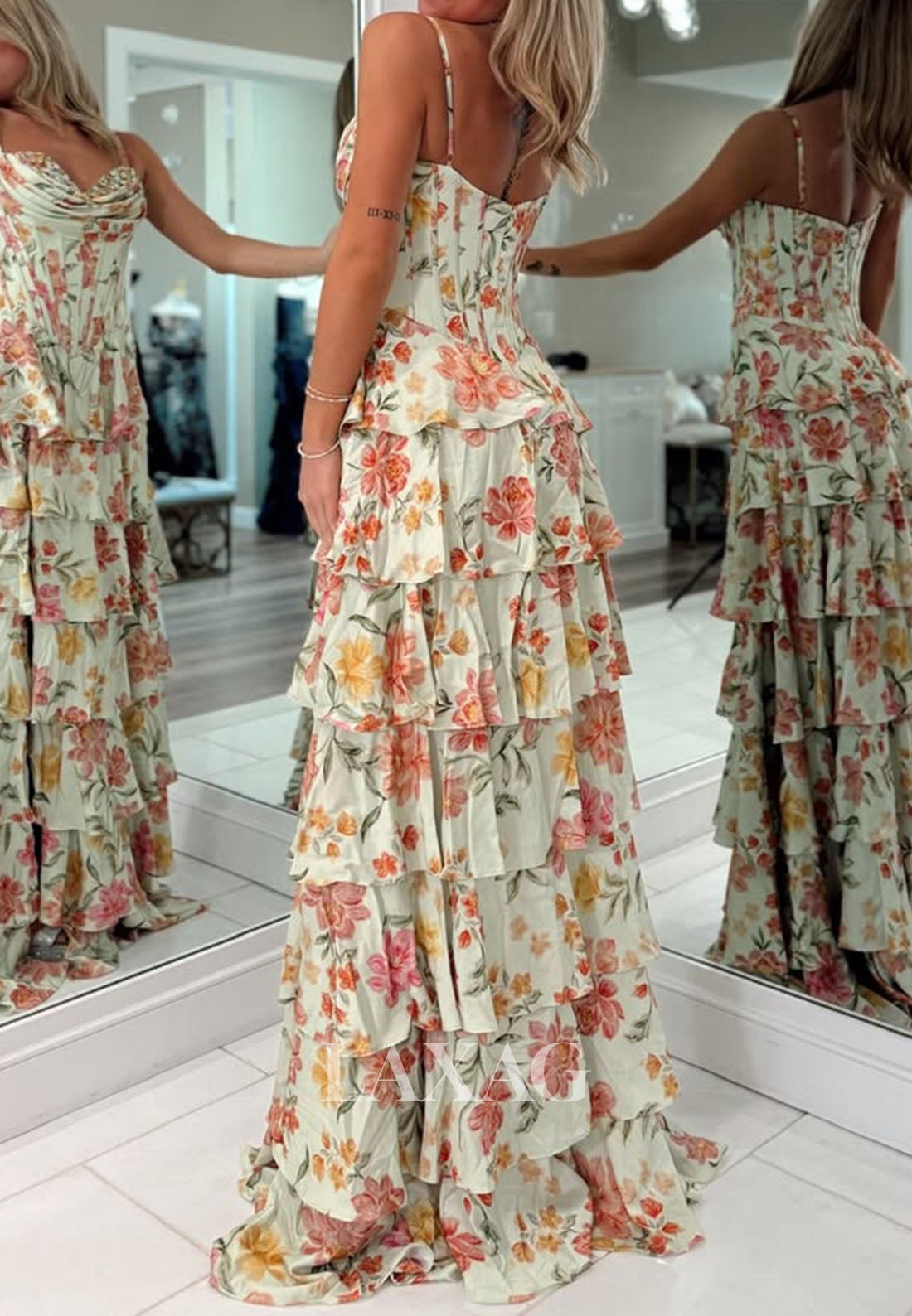 Sweetheart Spaghetti Straps Party Gowns Print-Chiffon Pleated Ruffled Tiered A-Line Prom Dress