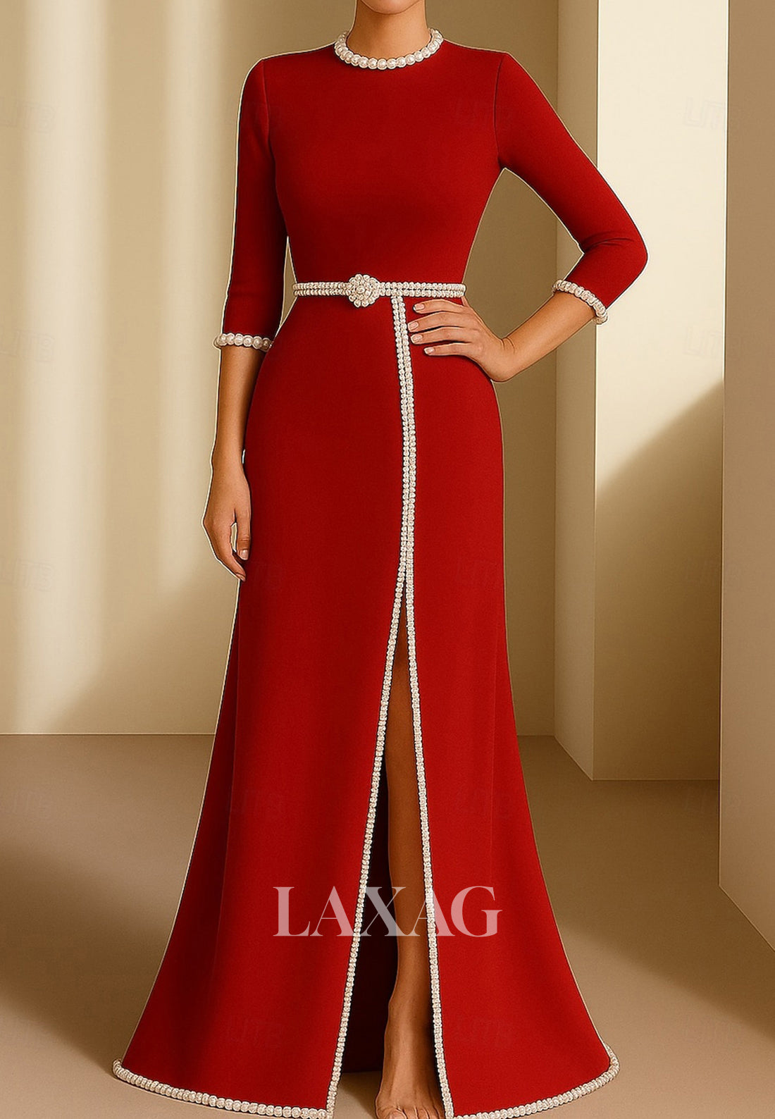 Scoop-Neck 3/4-Sleeves Floor-Length Pearls Satin Mermaid Mother of the Bride Dress with High Slit