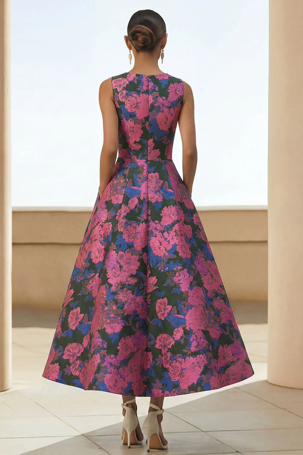 Scoop-Neck Sleeveless Ankle-Length Jacquard Satin Pleated Mother of the Bride Dress