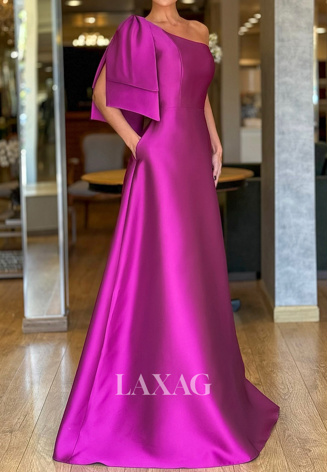 Asymmetrical-Neck Sleeveless Satin A-Line Evening Dress Floor-Length Formal Gowns with Big Bow
