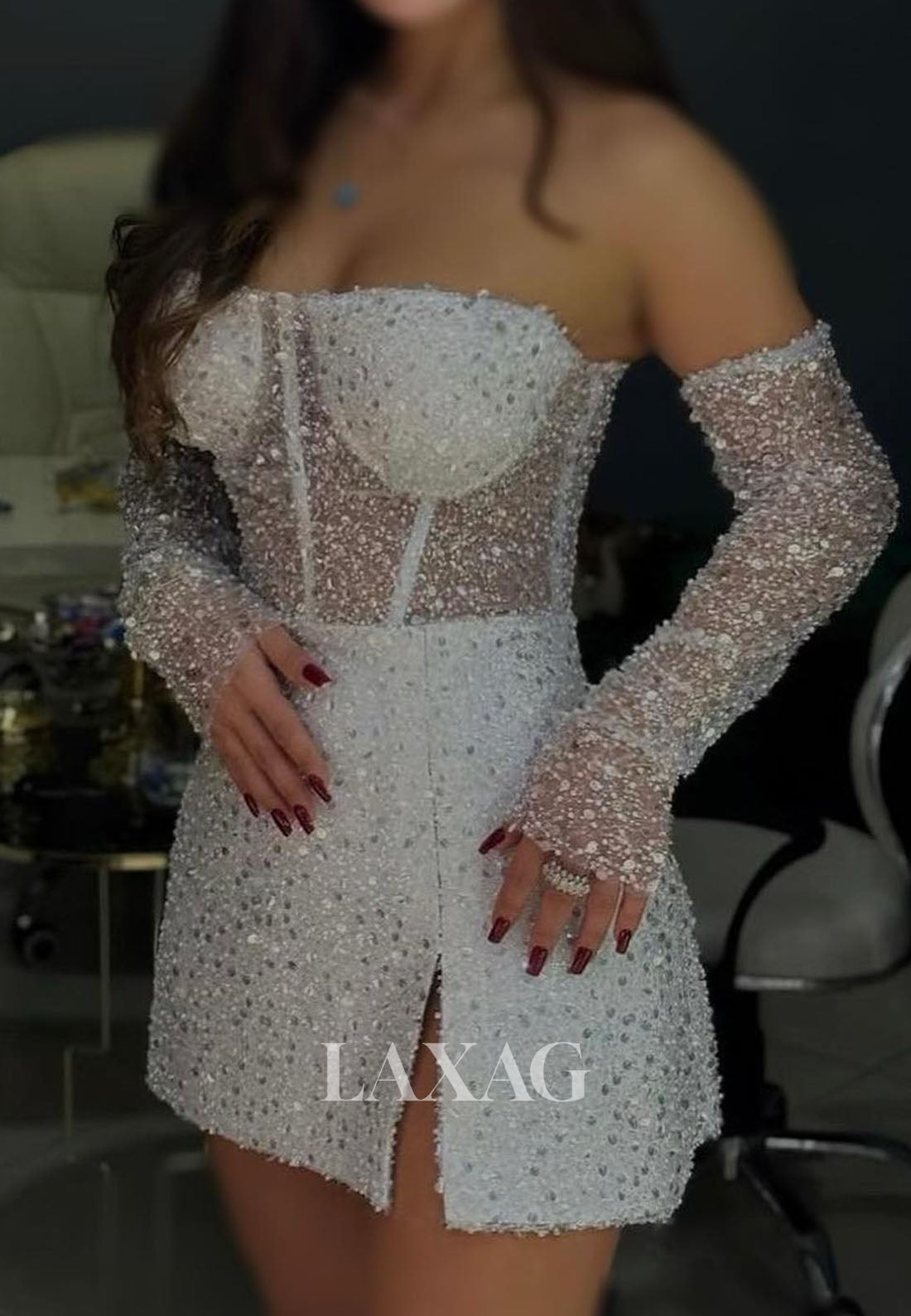 Bateau-Neck Long-Sleeves Fully Sequined Pleated Tulle A-Line Party Homecoming Dress with Slit