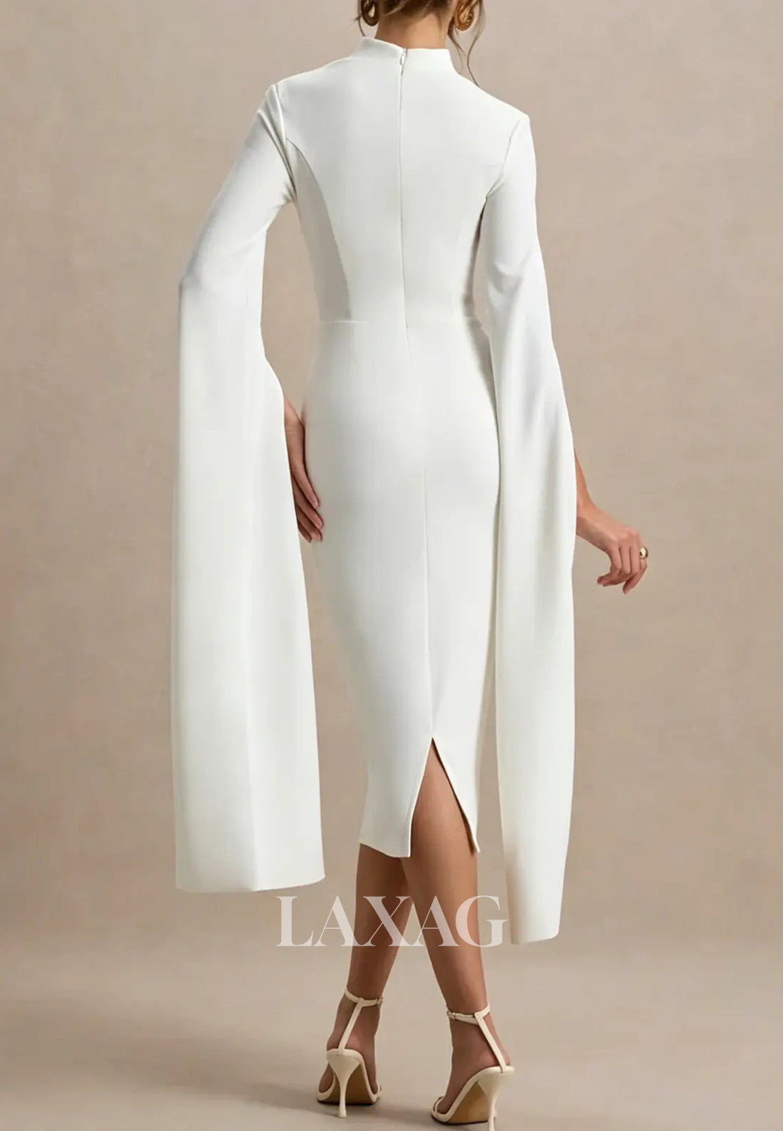 Tube Top Cape-Sleeves Tea-Length Satin Simple Mermaid Wedding Dress with Slit