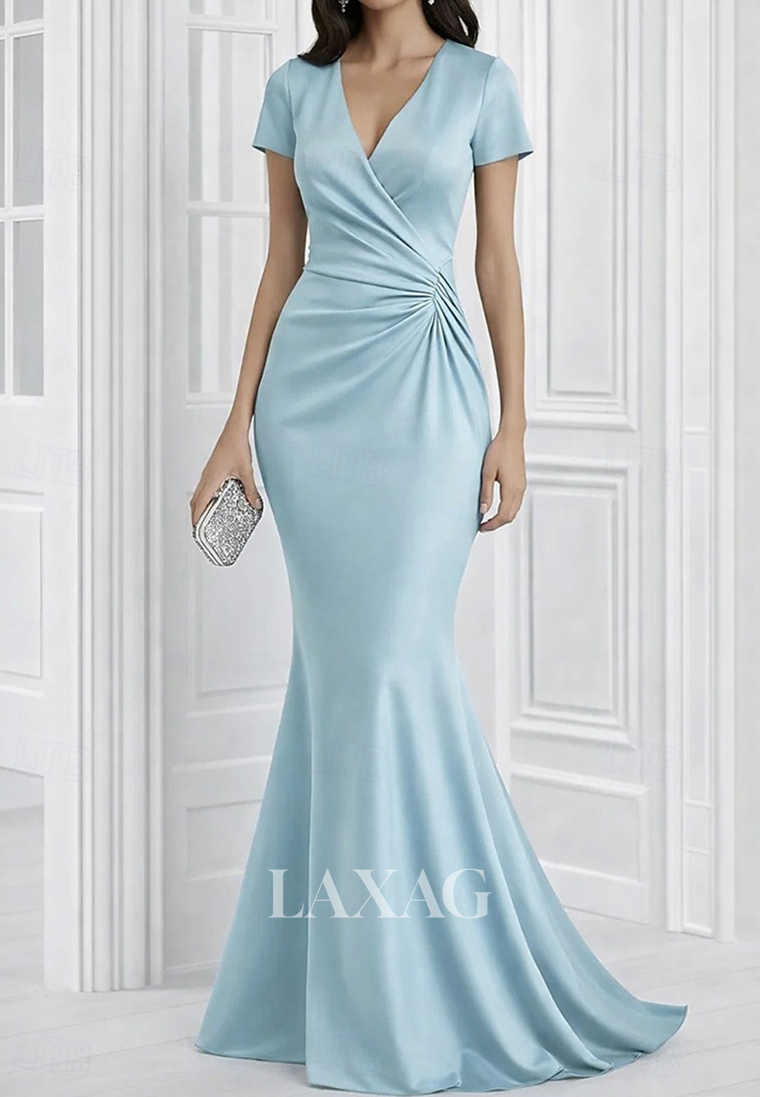 V-Neck Cap-Sleeves Floor-Length Satin Pleated Simple Trumpet Mermaid Evening Dress