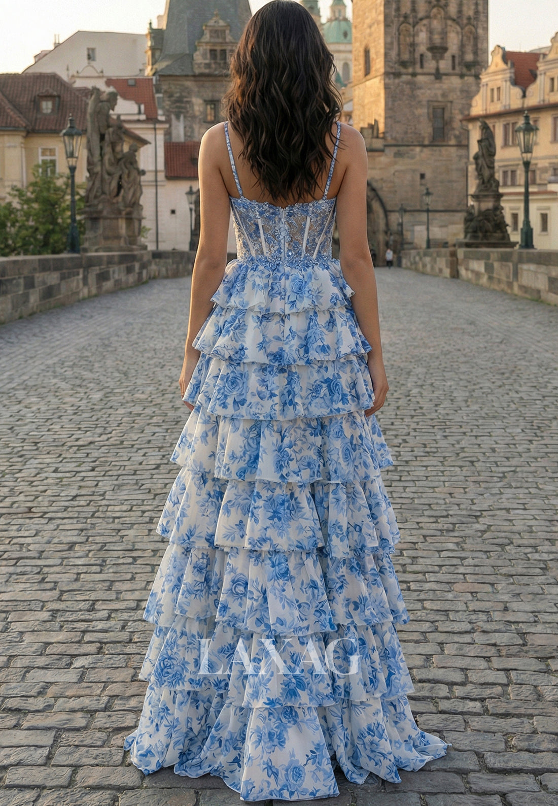 Spaghetti Straps Sweetheart Sequined Applique Print-Chiffon Pleated Ruffled Tiered A-Line Prom Dress