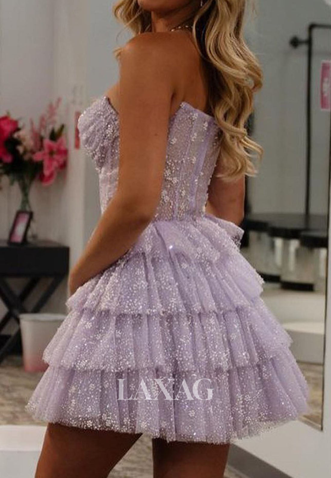 Scoop-Neck Off-Shoulder Fully Beaded Pleated Tulle Tiered A-Line Party Homecoming Dress
