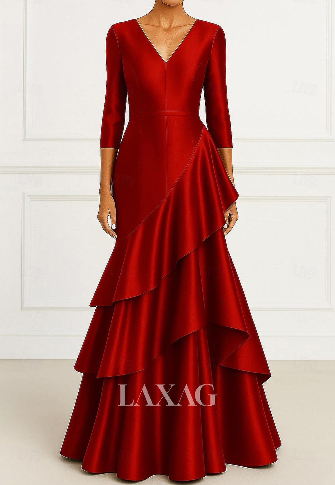 Floor-Length V-Neck 3/4-Sleeves Satin Pleated Tiered Simple Trumpet Mermaid Evening Dress