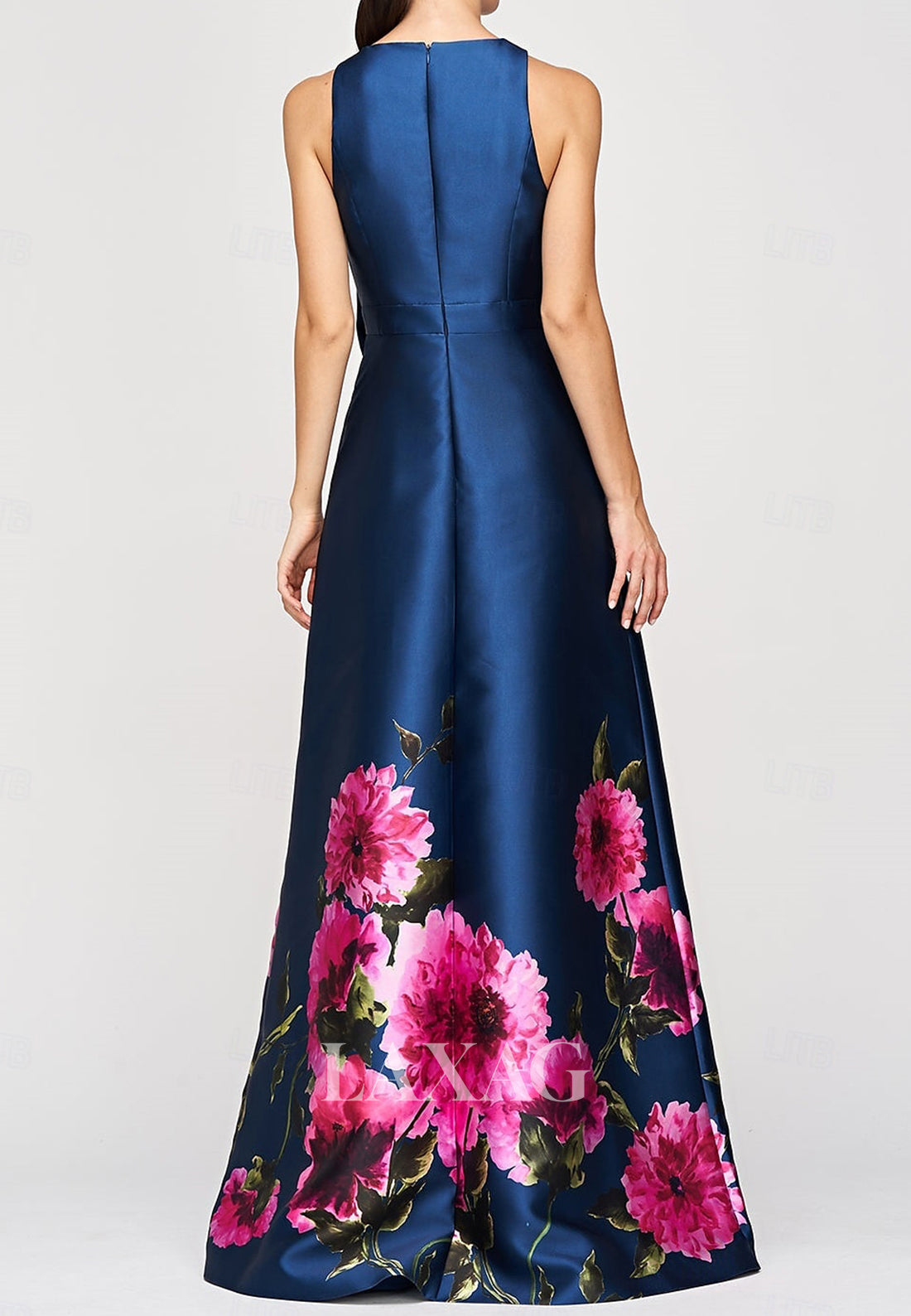 Scoop-Neck Sleeveless Print Satin Pleated A-Line Mother of the Bride Dress with High Slit