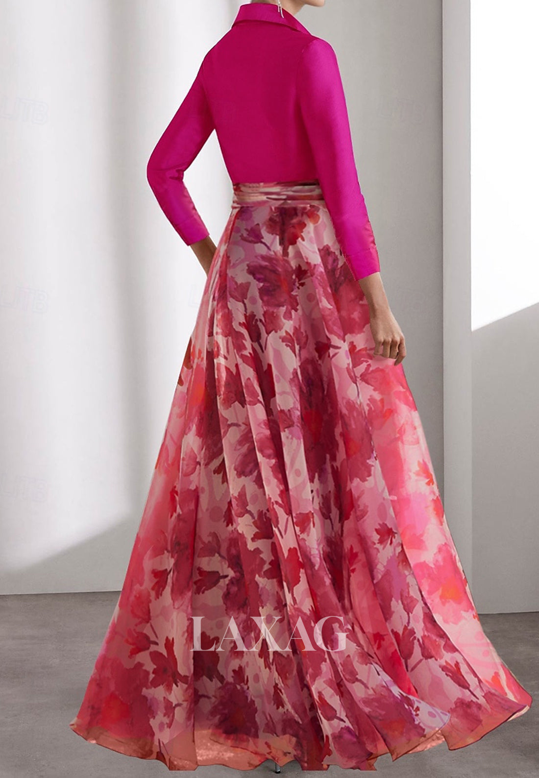 Collared V-Neck 3/4-Sleeves Satin Print-Tulle Pleated Floor-Length A-Line Evening Dress