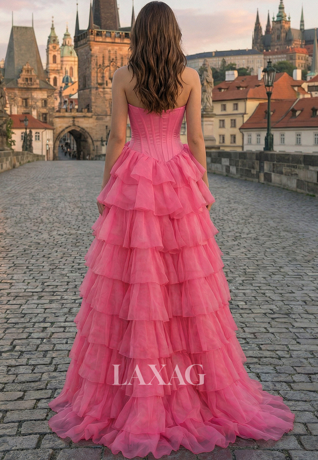 Bateau-Neck Off-Shoulder Sleeveless Chiffon Ruffled Tiered A-Line Prom Dress with Beaded Bows