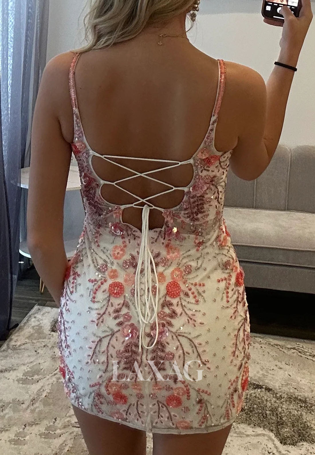 V-Neck Spaghetti Straps Sleeveless Fully Sequined Beaded Mermaid Party Homecoming Dress