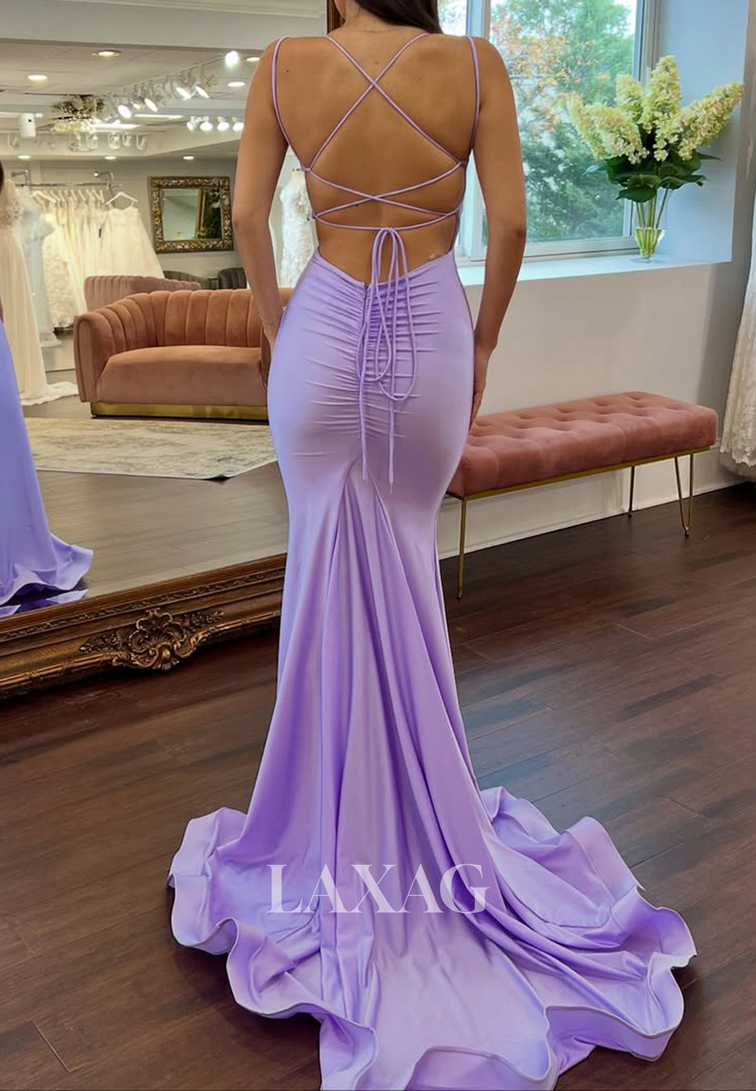 V-Neck Spaghetti Straps Mermaid Prom Dress Sleeveless Plearted Satin Formal Gowns