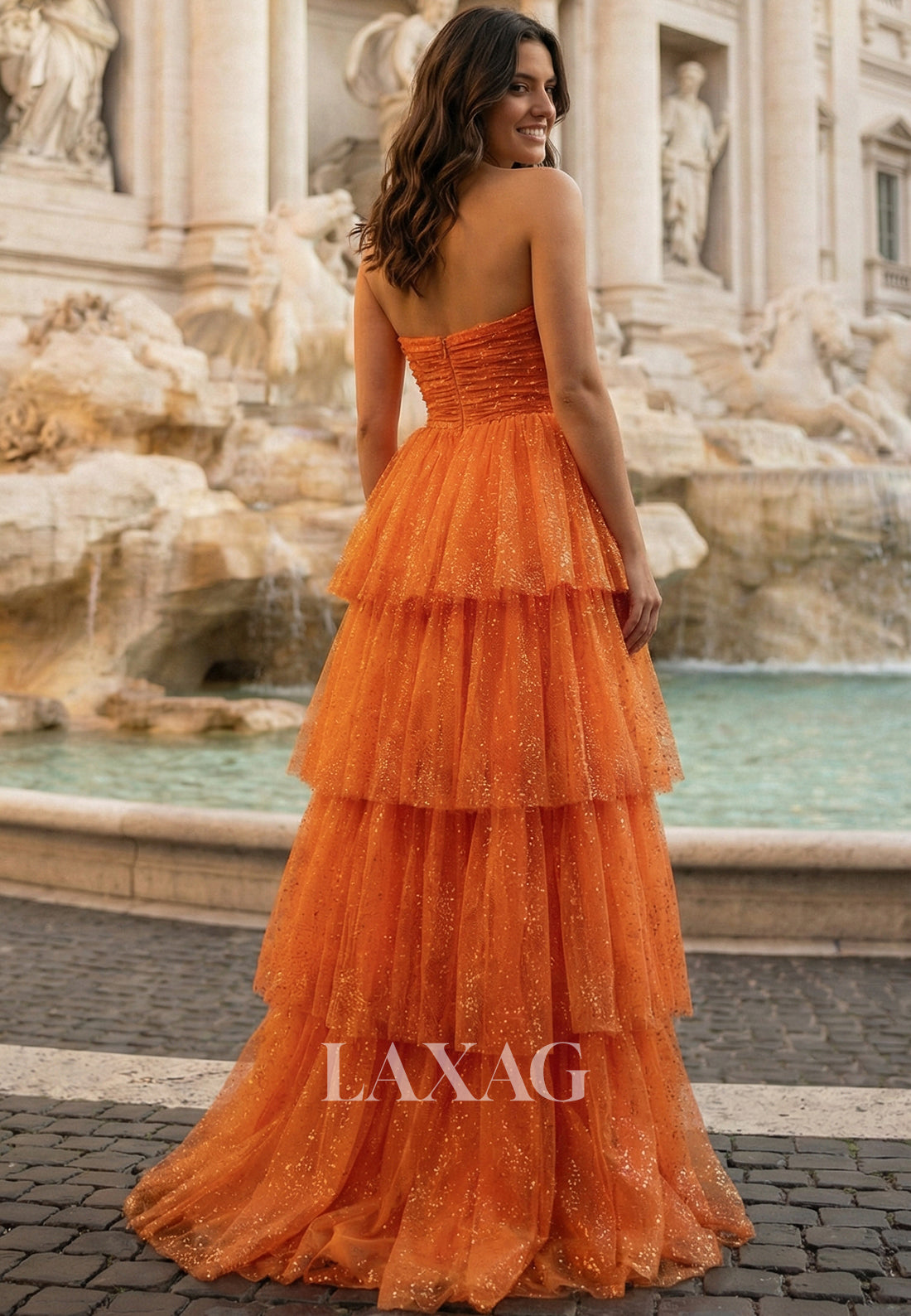 Tube Top Off-Shoulder Sleeveless Glitter-Knit Tulle Pleated Tiered A-Line Prom Dress with Slit