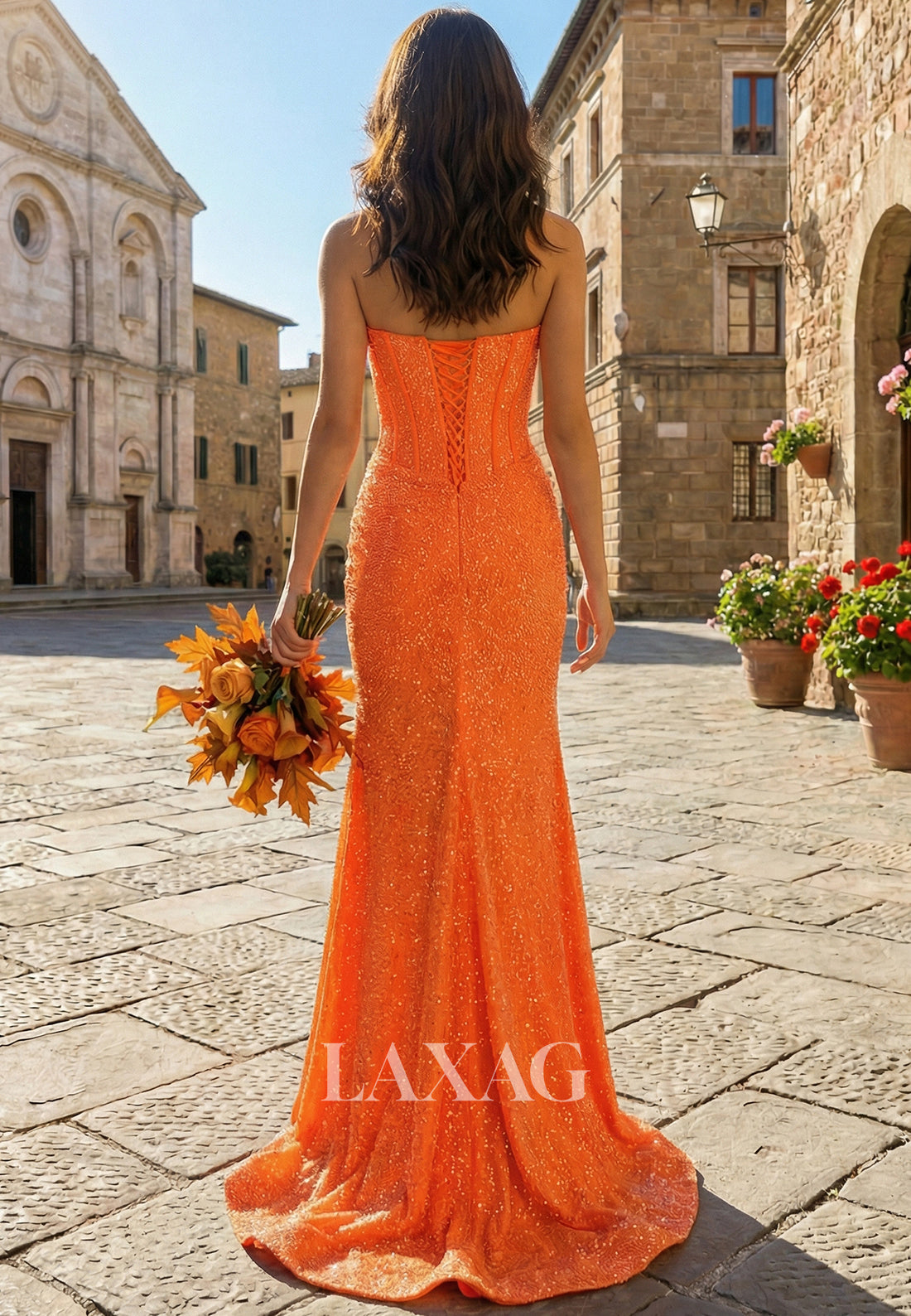 Scoop-Neck Off-Shoulder Sleeveless Fully Beaded Mermaid Prom Dress with High Slit