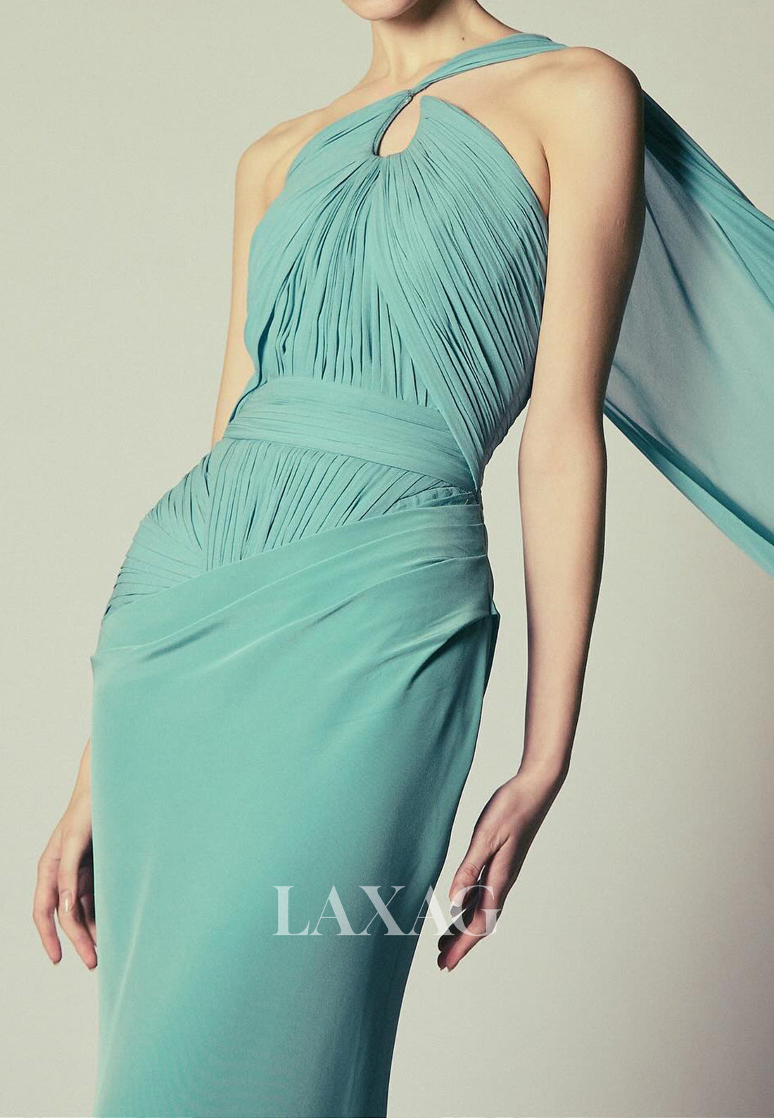 Asymmetrical-Neck Off-Shoulder Beaded Formal Gowns Sleeveless Pleated Chiffon Mermaid Evening Dress