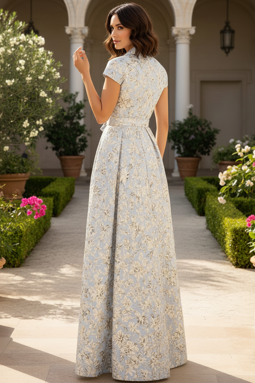 V-Neck Collared Cap-Sleeves Jacquard Satin Floor-Length A-Line Mother of the Bride Dress