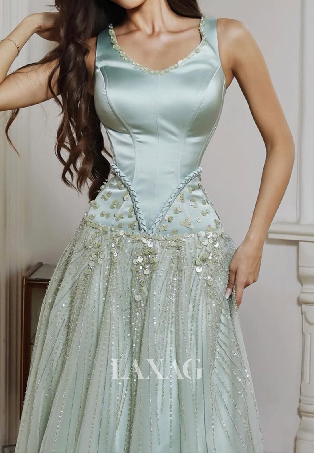 V-Neck Straps Sleeveless Sequined Beaded Pleated Satin Floor-Length A-Line Prom Dress