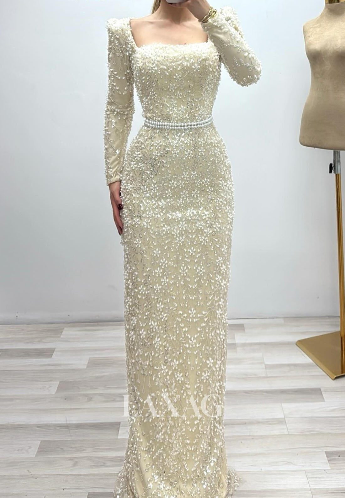 Square-Neck Long-Sleeves Floor-Length Mermaid Evening Dress Fully Sequined Beaded Formal Gowns