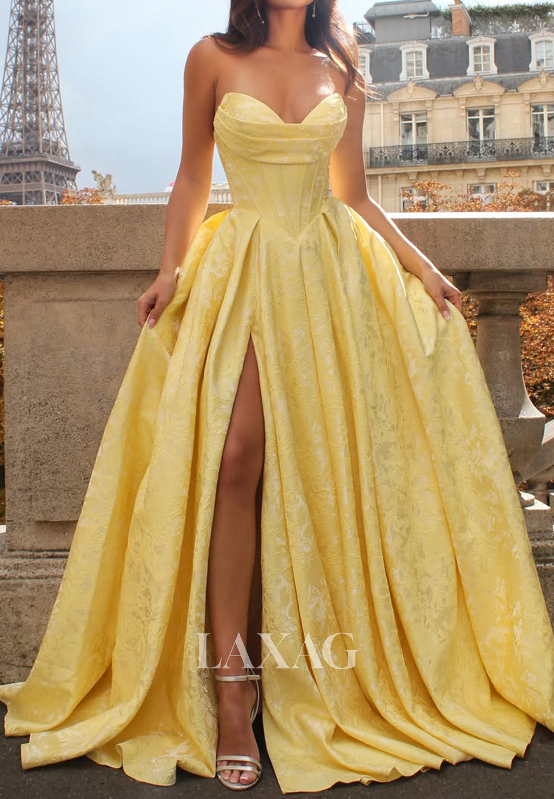 Sweetheart Off-Shoulder Sleeveless Jacquard Satin Pleated A-Line Prom Dress with High Slit