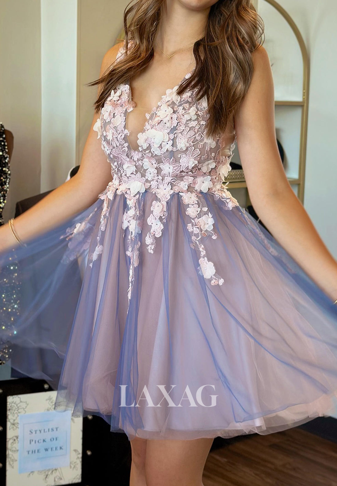 Deep V-Neck Straps Sleeveless Floral Embellished Pleated Tulle A-Line Party Homecoming Dress