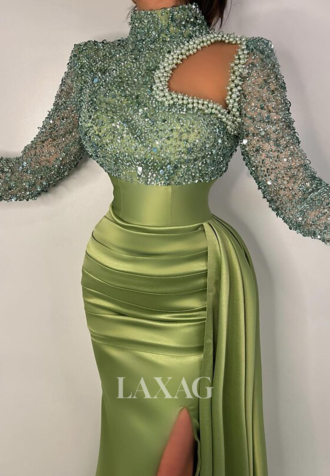 High-Neck Long-Sleeves Sequined Beaded Pearls Satin Pleated Sweep Train Mermaid Evening Dress