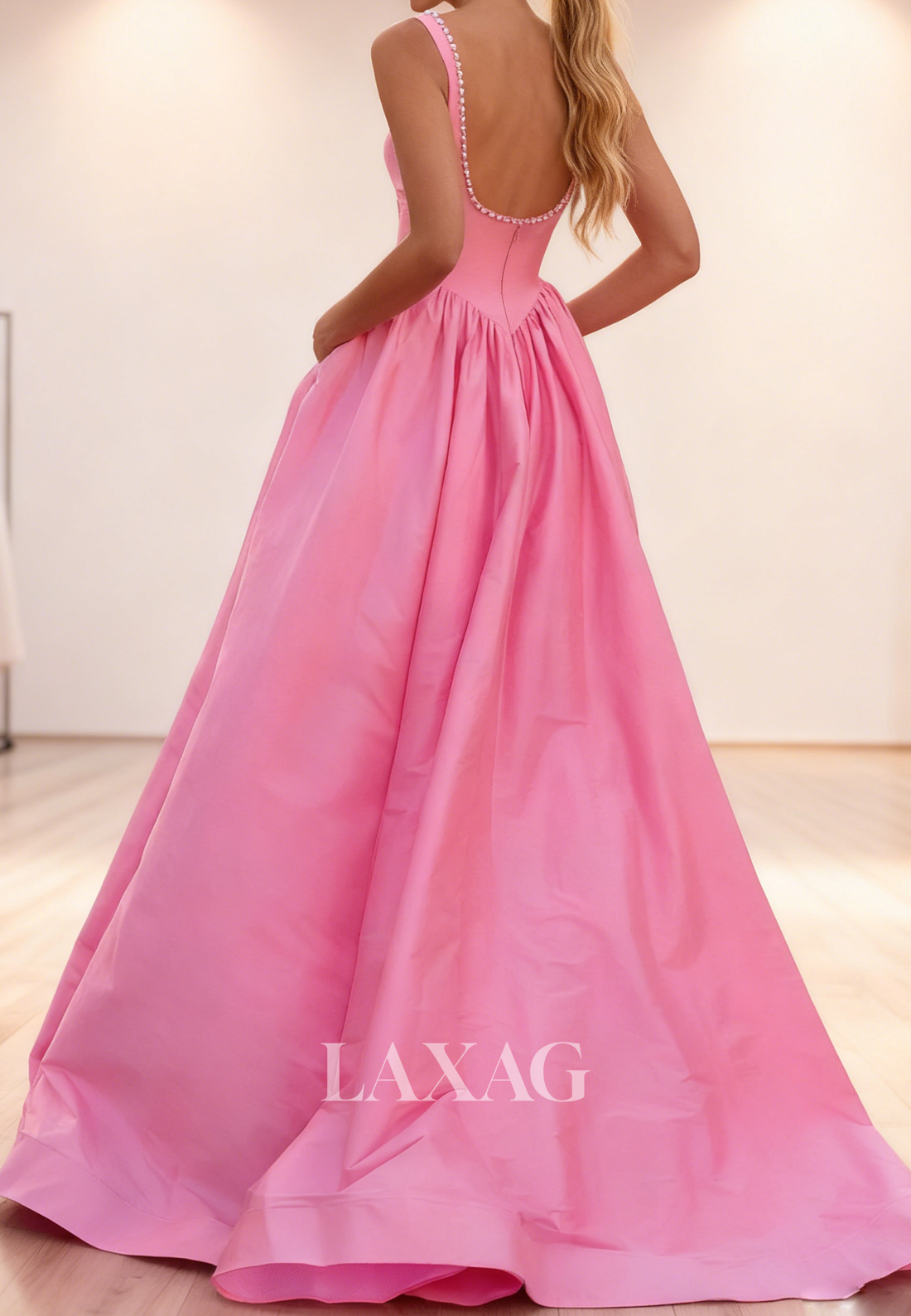 Square-Neck Beaded Satin Pleated Party Gowns Sleeveless Straps High Slit A-Line Prom Dress