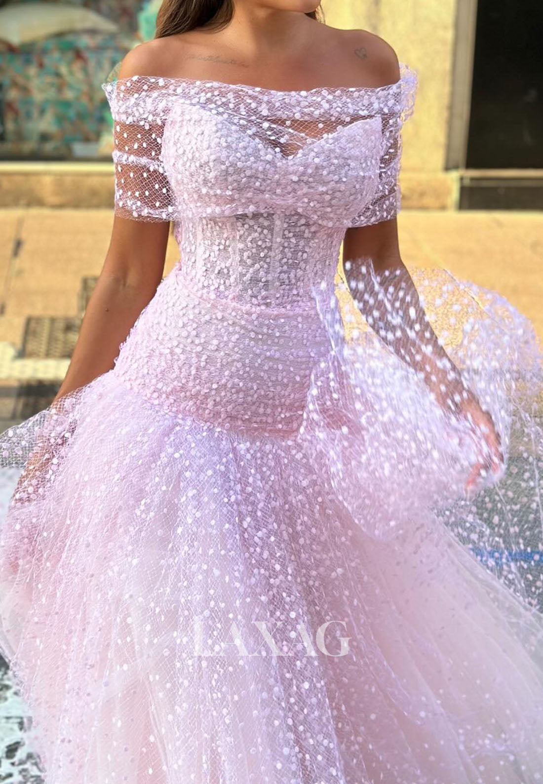 Sweetheart Sleeveless Pleated Tulle Party Gowns Fully Sequined Floor-Length A-Line Prom Dress