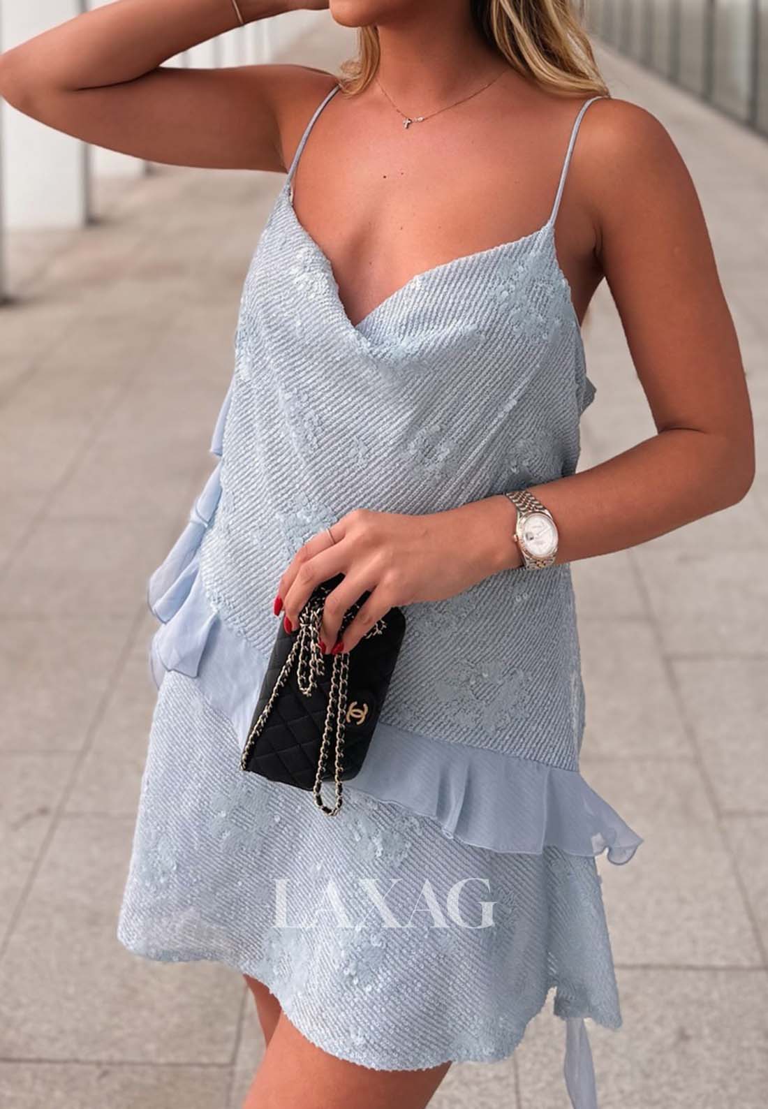 V-Neck Spaghetti Straps Off-Shoulder Sleeveless Chiffon Fitted Party Homecoming Dress