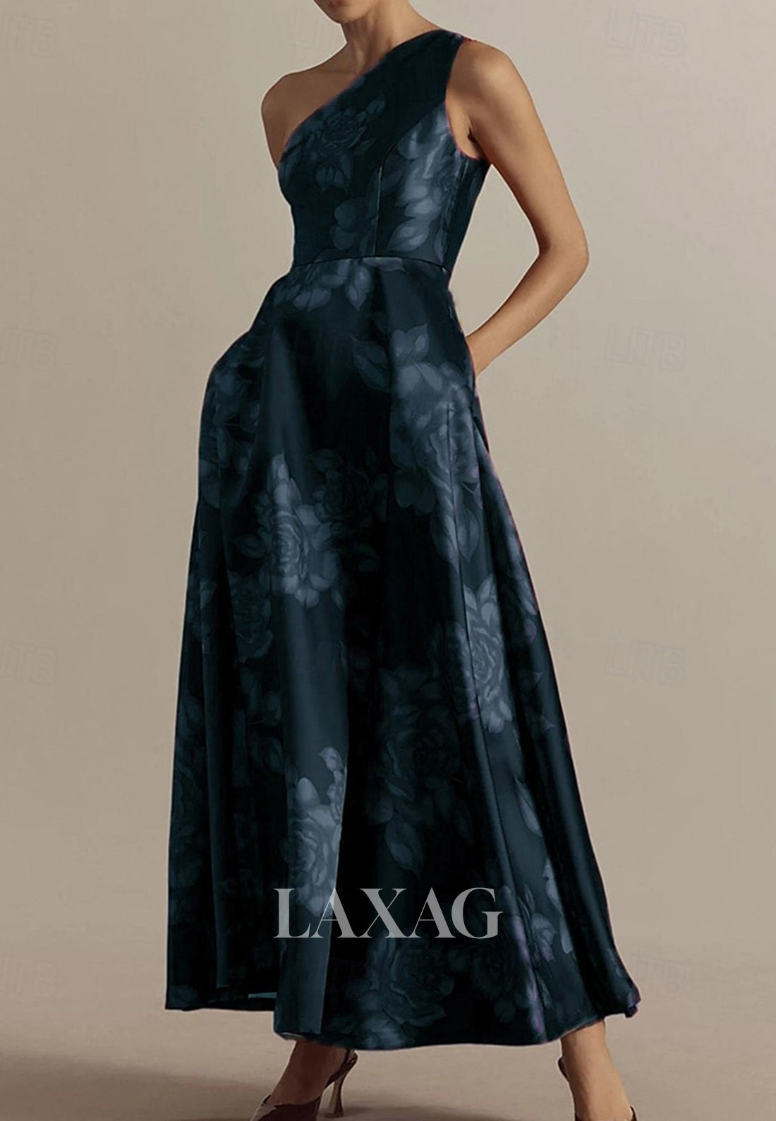 Asymmetrical-Neck One-Strap Sleeveless Print-Satin Ankle-Length A-Line Mother of the Bride Dress