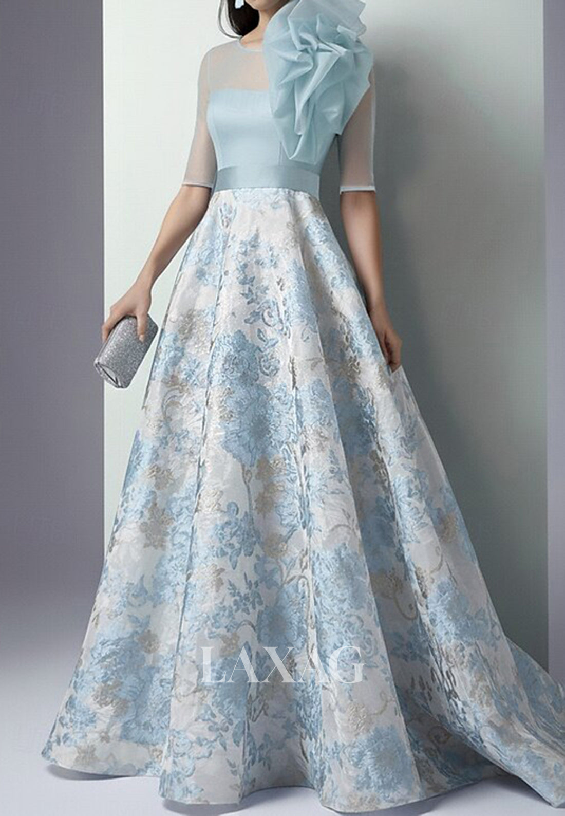 Scoop-Neck Half-Sleeves Floral Embellished Jacquard Tulle&Satin A-Line Mother of the Bride Dress