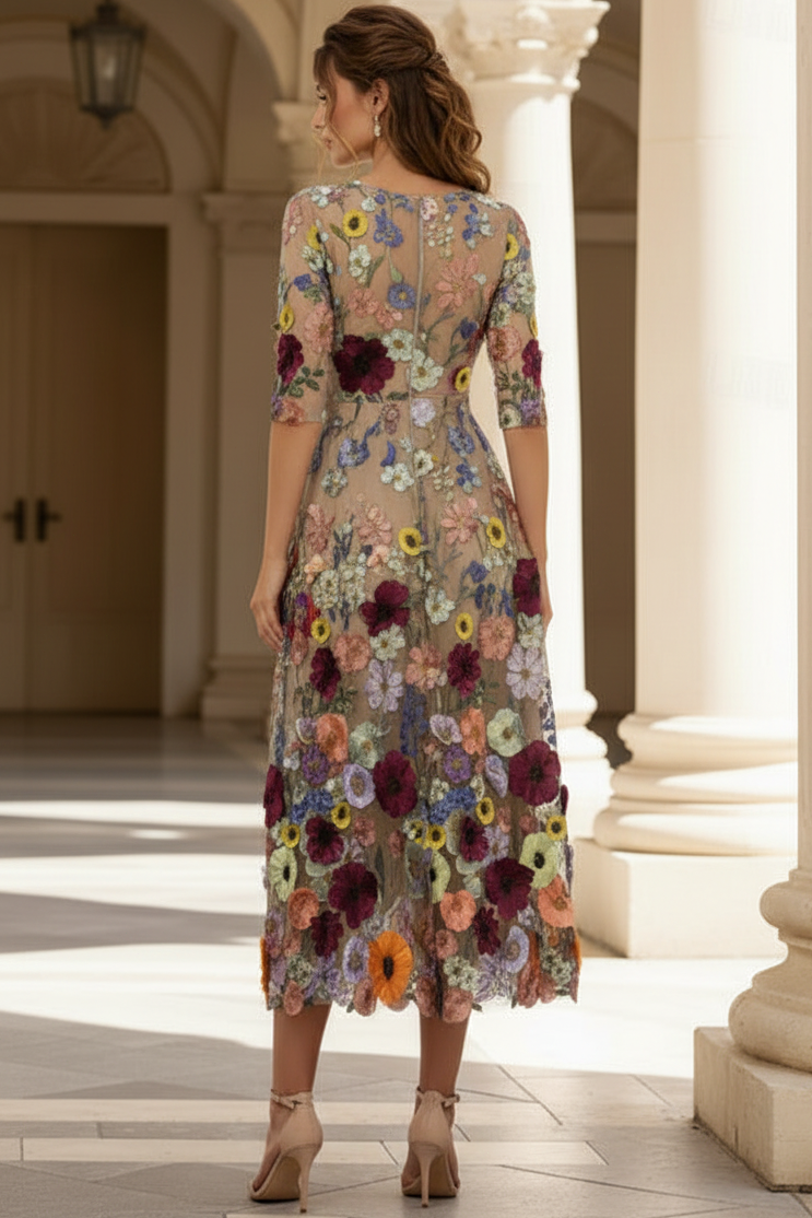 Deep V-Neck Half-Sleeves 3D-Floral Applique Tulle&Satin Tea-Length A-Line Mother of the Bride Dress
