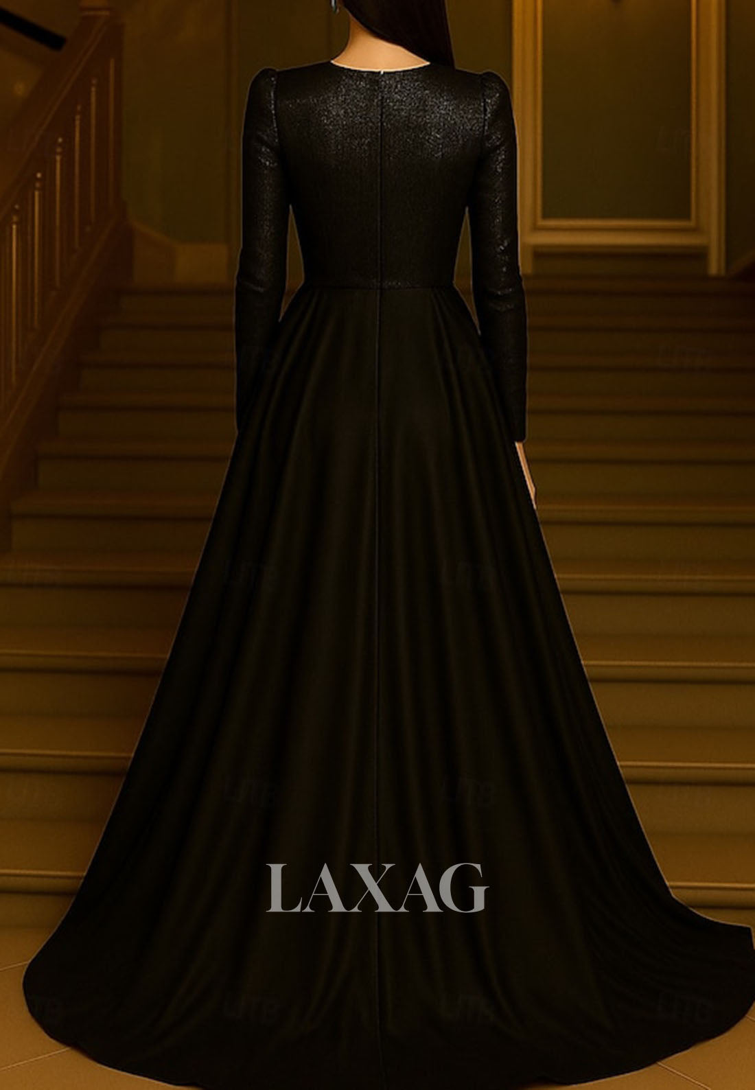 Deep V-Neck Long-Sleeves Sequined Satin Pleated Floor-Length A-Line Evening Dress with Bow