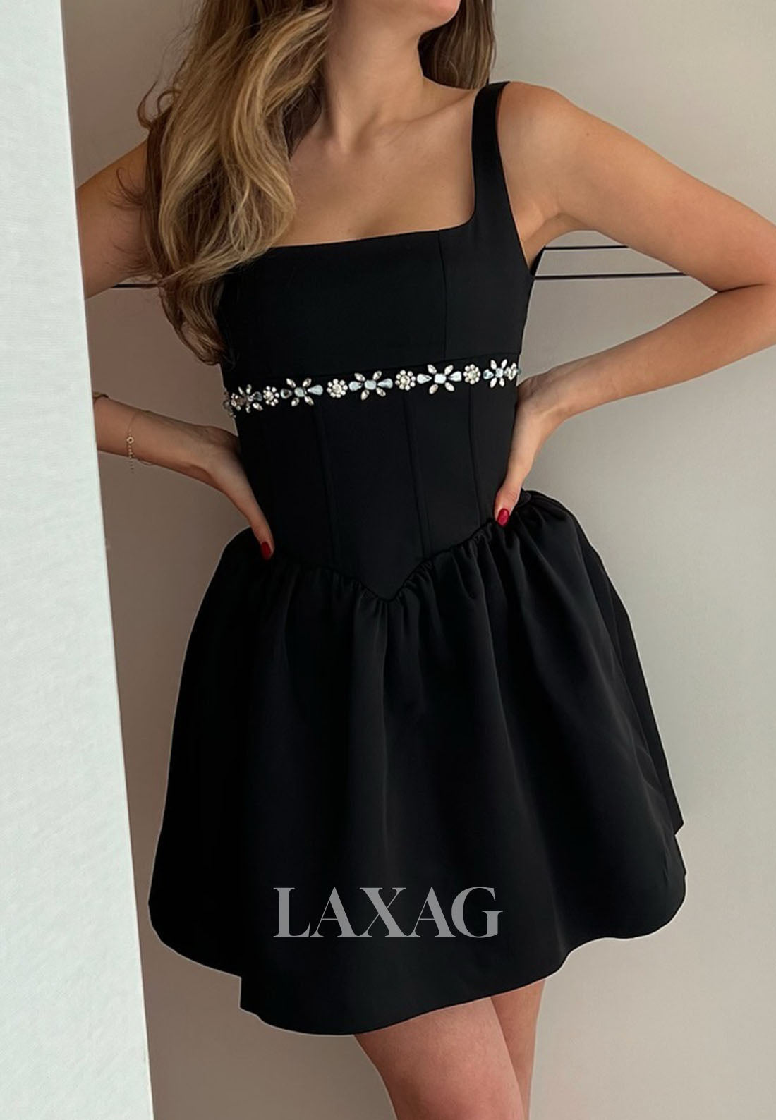 Square-Neck Straps Sleeveless Rhinestone Pleated Satin Simple A-Line Party Homecoming Dress