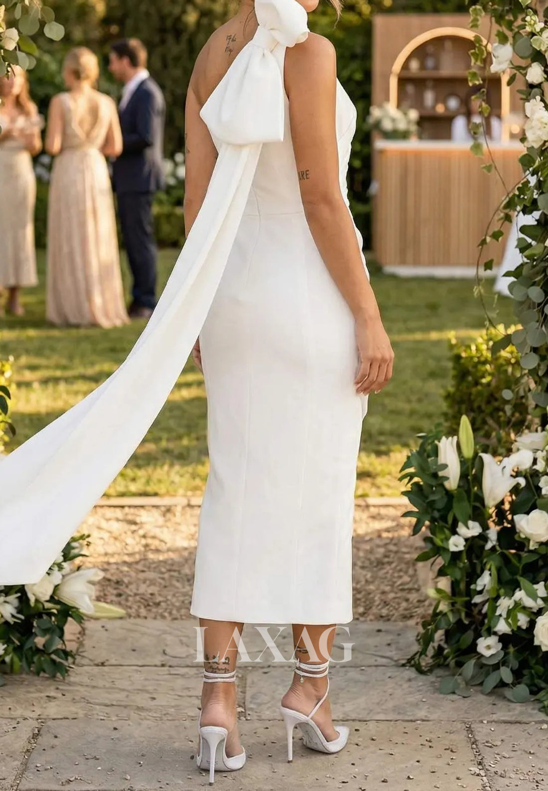 Asymmetrical-Neck Sleeveless Tea-Length Satin Simple Mermaid Wedding Dress with Big Bow